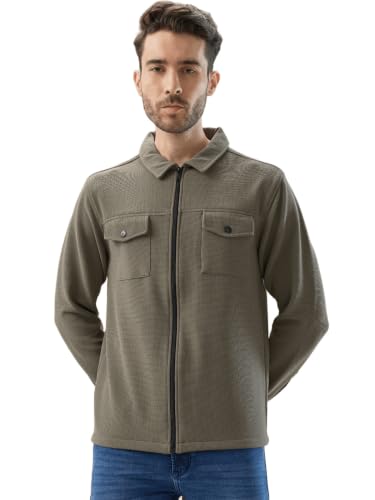 Image of Status Quo Men's Solid Textured Regular Fit Shacket with Zipper Clouser | 100% Polyester