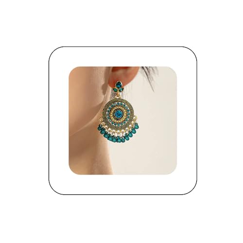 Kenjudess Boho Indian Bell Dangle Drop Studs Earrings for Women Vintage Ethnic Chandelier Teardrop Hollow Earrings Traditional Earring Jewelry Statement (Turquoise E)