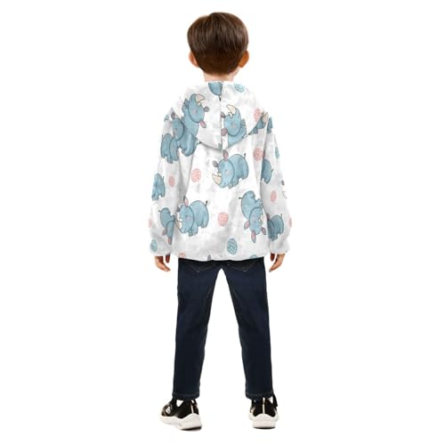 Cute Blue Rhino Pattern Toddler Fleece Jacket Girl Boys Hooded Fleece Jacket Coat Warm Outwear Zip-up 3-10T4