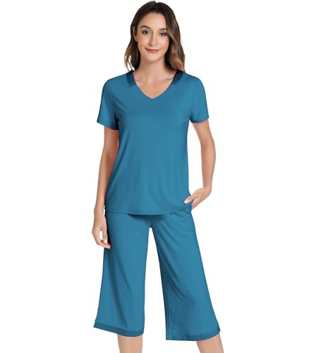 Image of NACHILA Bamboo Viscose Women's Pajamas Set Short Sleeve Pjs and Capri Pants | Soft like cloud,Breathable,Moisture wicking,Tagless