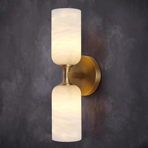 Image of Alabaster Wall Sconces, 14 inch Modern Spanish Natural Marble Vanity Light, Dimmable Hardwired Brass Gold Wall Sconce Lighting for Bathroom Mirror, Bedroom, Living Room, Luxury Stone Wall Fixtures (1 Pcs)