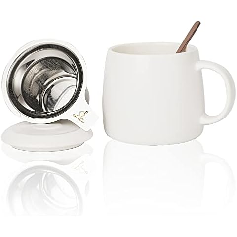 Candiicap Ceramics Tea Cup with Loose Leaf Infuser, Spoon and Lid, 450ml, Large Tea Infuser Mug for Tea, Coffee, Milk-Microwave and Dishwasher Safe(450ml,Matte White) Cover