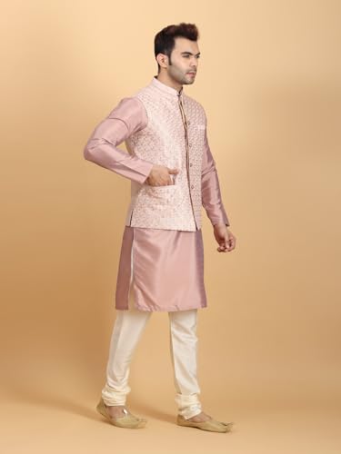 Image of Ethluxis Men Silk Blend Kurta Jacket Set with Mandarin Collar