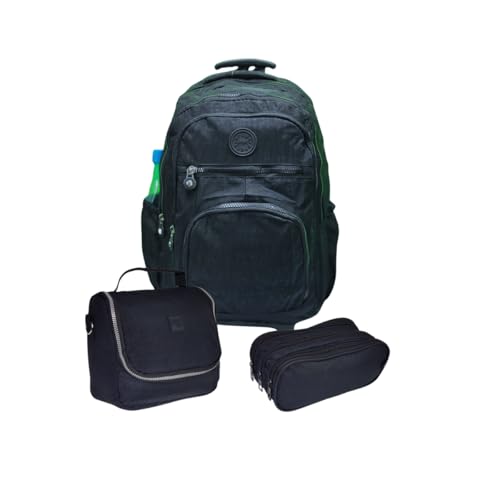 Kit Mochila De Rodinhas Juvenil Escolar Feminina Masculina 3 Peças