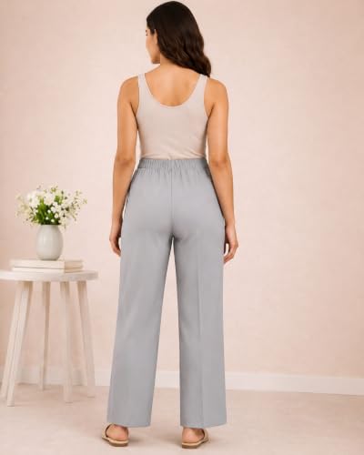Image of Women's Mid Rise Wide Leg Trousers with Elastic Waist & Pockets