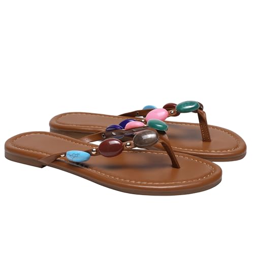 Women Jewelled Thong Strap Open Round Toe Flip Flops Comfy Slip on Flats Sandals Casual Summer Beach Slippers