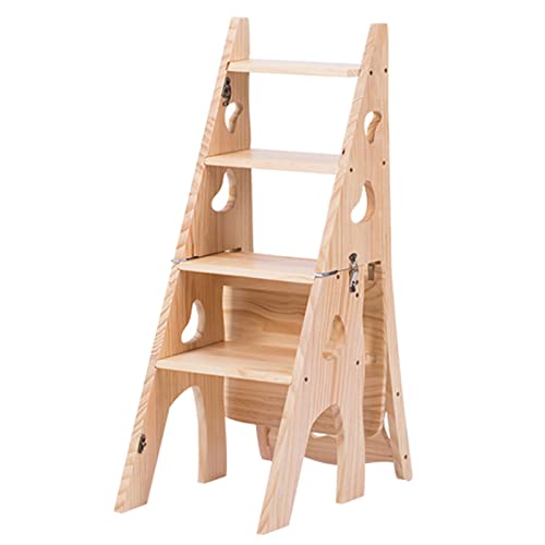 Taburete plegable 3 en 1 – Silla de escalera de madera portátil multifuncional de 4 escalones para el hogar, biblioteca, jardín, maceta – ligero ahorro de espacio (color madera, 47 x 35 x 90 cm)
