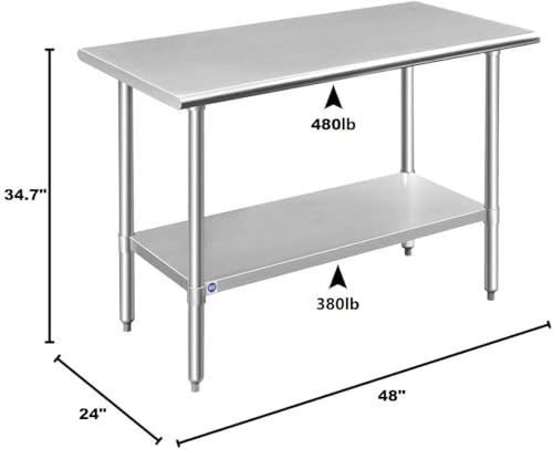 Image of ROCKPOINT Stainless Steel Table for Prep & Work 24x48 Inches, NSF Metal Commercial Kitchen Heavy Duty Table with Adjustable Under Shelf and Table Foot for Restaurant, Home and Hotel