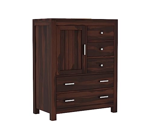 Image of Solid Sheesham Wood Wooden Sideboard Storage Cabinet & Chest of Drawer : Ideal for Living Room and Bedroom with 5 Drawers and 1-Shelf Storage (Avalon, Walnut Finish)