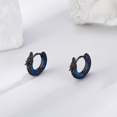 13mm Dragon Hoop Earrings Sterling Silver Black Opal Dragon Huggie Hoop Earrings Viking Punk Rock Jewelry Gift for Men3