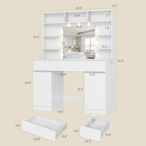 Image of Vanity Desk with Mirror and Lights,43 inch Makeup Vanity Table with with 2 Cabinets and 3 Drawers, Power Outlet & Adjustable LED Lights, Dressing Table for Bedroom,White