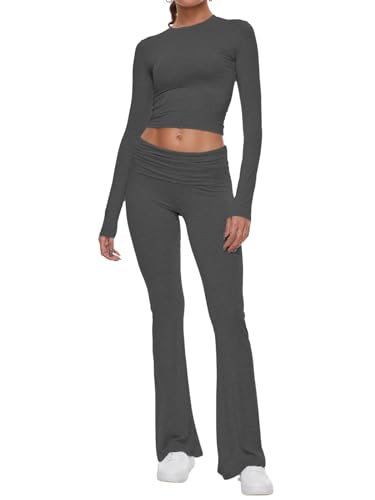 Image of AnotherChill Women's Long Sleeve Top Foldover Flare Pants Lounge Set | 2 piece cropped shirt and slim flare trousers comfy loungewear, soft modal casual matching sets, travel airport outfits