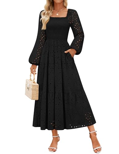 ZESICA Women's Fall Long Sleeve Maxi Dresses 2025 Square Neck Hollow Out Eyelet Smocked A Line Boho Wedding Guset Dress