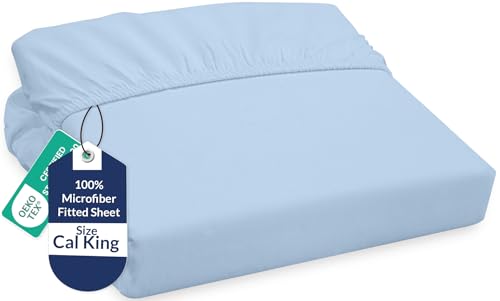 Image of Royale Linens Fitted Sheet California King - Ultra Soft 1800 Brushed Microfiber - Hotel Luxury Bottom Sheets - Wrinkle Free & Fade Resistant - Deep Pocket Fitted Sheet Only (King Cal, Lake Blue)