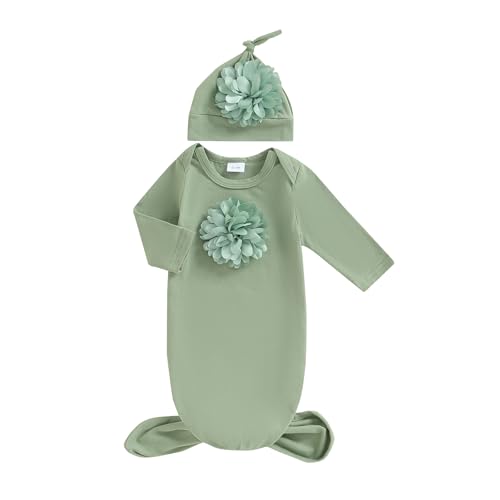 Image of KMBANGI Newborn Baby Boys Girls Knotted Gown Hat Set Long Sleeve Crew Neck 3D Flower Infant Sleeper Baby Sleep Gown (Green, 0-3 Months)