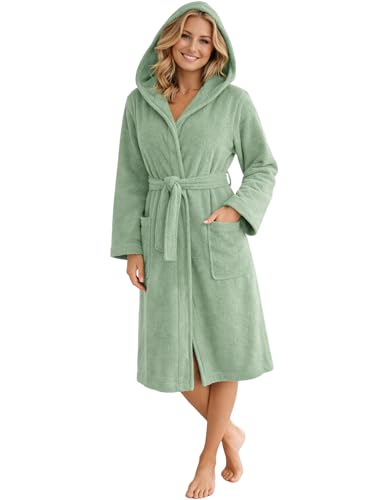 Morgenstern Peignoir de Bain Femme avec Capuche 100% Coton Éponge OEKO-TEX® Robe de Chambre Marina L Vert