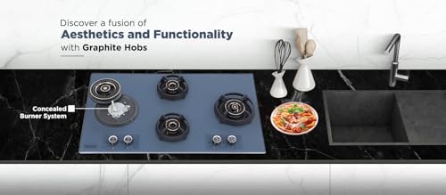 Image of Hindware Graphite 4B 86CM Built in Hob With Flame Failure Device | Matt Grey Frost Glass with Coated SS Strips | Silver Metallic Finish & Jet Black Knobs | Stainless Steel Automatic Hob