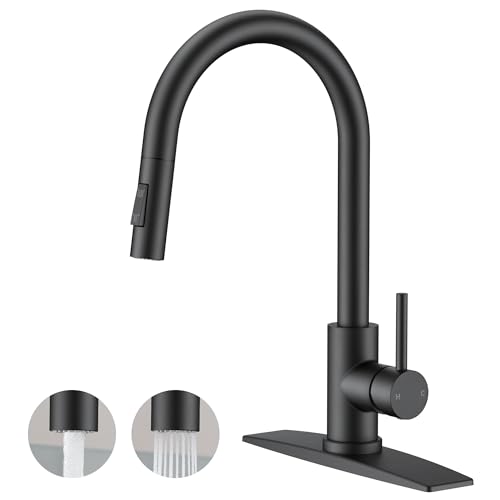 FORIOUS Black Kitchen Faucet with Pull Down Sprayer, Classic High Arc Pull Out Kitchen Sink Faucet with Deck Plate, Stainless Steel, Single Handle, Fit for Farmhouse Laundry Outdoor, Matte Black by FORIOUS - Used condition - CA$40.31