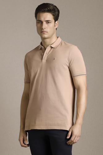 Image of Louis Philippe Men's Slim Fit Single-Tuck Pique Stylized Sleeve Print and Contrast Tipping Half Sleeve Solid Polo Tshirt