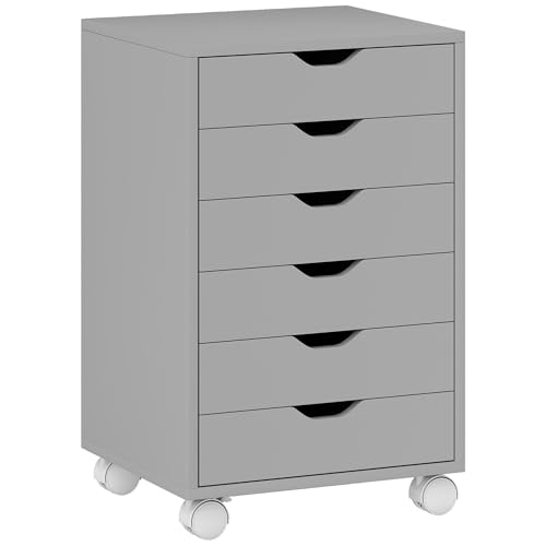 HOMCOM Cajonera Escritorio, Archivador Móvil con 6 Cajones, Soporte para Impresora con Ruedas, Guías Deslizantes Silenciosas, para Oficina, Casa, Gris