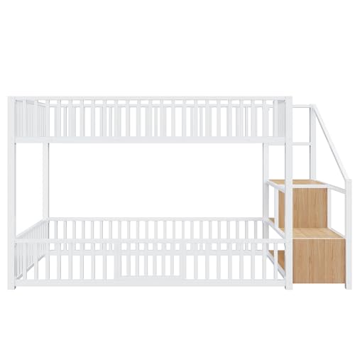 Image of Bellemave Metal Bunk beds Twin Over Twin with Guardrail and Storage Stairs, Floor bunk Bed with guardrail for Kids, White