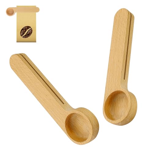 Cuillère Doseuse en Hêtre HASLED - 2 Pièces - Fonction 2 en 1 (Mesure + Scellage) - Capacité 8g - Pour Café, Lait en Poudre et Épices - 15.6cm