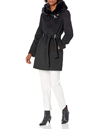 Calvin Klein Womens Faux Fur Shall Collared Coat, Black, L