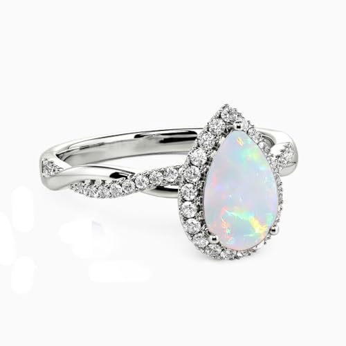 2ct 925 Sterling Silver Opal Ring for Women Real Genuine Pear Cut Halo Opal Engagement Ring Dainty October Birthstone Opal Ring For Her2