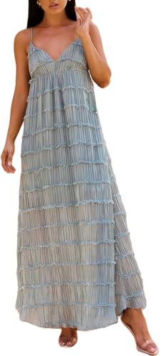 Image of Yiulangde Women's Backless Smocked Summer Long Dress Blue Ruched Flowy Vacation Maxi Dress Sexy Tie Side Cut Out Beach Sun Dress Y2k Open Back Casual Sundress