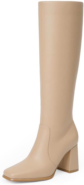 Modatope Knee High Boots Women Chunky Heel Square Toe Heeled Tall Boot for Women Fashion Side Zipper Long Boot