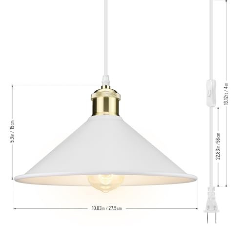 Image of Big White Plug in Pendant Light, Modern Hanging Light with Plug in Cord | Hanging Lamp, Pendant Lamp, Vintage Pendant Light with Plug in Cord, Industrial Pendant Light Fixture for Kitchen Dining Room