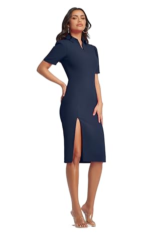 Dress the Population Women's Gloria Collared Zip Neck Short Sleeve Bodycon Midi Dress2