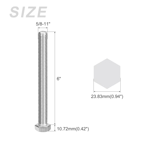 Image of METALLIXITY Hex Head Bolts (5 /8-11 x 6) 10Pcs, 304 Stainless Steel 18-8, Fully Threaded, External Hex Drive, Plain Finish, Hex Head Screw Bolt, Silver