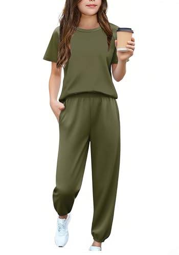 Arshiner Girls 2 Piece Outfits Fashion Clothes Short Sleeve Tops and Jogger Pants Kids Tracksuit Sweatsuits Set