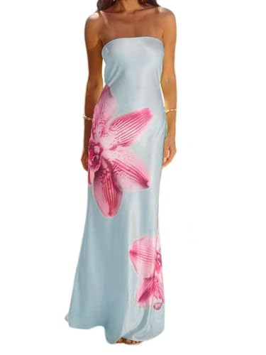 Image of Women Y2k Strapless Maxi Dress Floral Print Tube Long Dress Boho Beach Sundress Going Out Streetwear