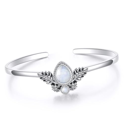 Genuine Moonstone Boho Bracelet, Sterling Silver Real Gemstone Healing Adjustable Bangle Jewelry for Women, 6.5''-7.5''