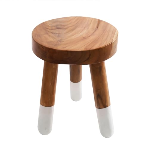 JOLLYMER Teak 12" Round Dip Dyed Wood Plant Stand | Wood Accent Stool | Bath Stool | Milking Stool (12" Tall White)