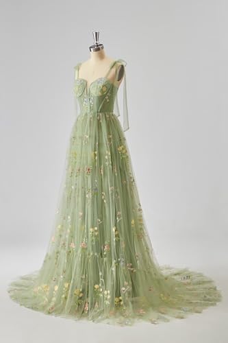 Cudiew Flower Embroidery Tulle Prom Dress for Women Maxi Long Formal Floral Party Gowns4