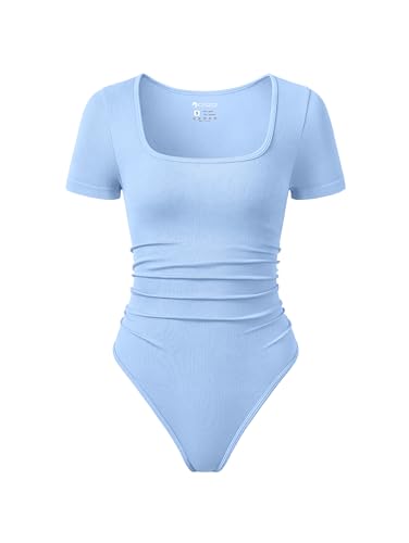 Image of OQQ Women Bodysuits Ruched Short Sleeve Square Neck Stretch Lounge Travel Bodysuits