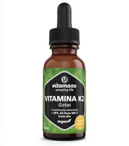 Vitamina K2 Gotas 200 mcg de Alta Dosis, Vitamina K2 vegano y líquido por dosis diaria, Menaquinona MK-7 ( 99% en Forma All-Trans), 50ml (1700 Gotas), sin Aditivos Innecesarios