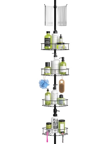Elbourn Corner Shower Caddy Tension Pole, 4-Tier Standing Shower Organizer Shelves Shampoo Shelf Adjustable for Inside Shower Bathroom Bathtub, Black