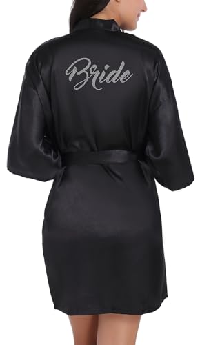 Image of sunshinemall Women's Satin Kimono Robes with Rhinestones Bride Bridesmaid Short Getting Ready Wedding Dressing Gown