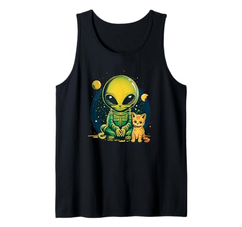 Extraterrestre Y Gato Divertido Gato Selfie Con Alien Vintage Ufo Divertido Camiseta sin Mangas