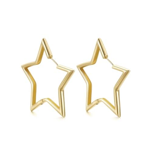 FindChic Star Earrings for Women, Silver/Black/Gold Plated Plated Star Hoop Earrings, 20/30/40/50/60mm Huggie Hoops, Lightweight Funky Cute Jewelry Gift for Her, with Gift Box 60mm Gold