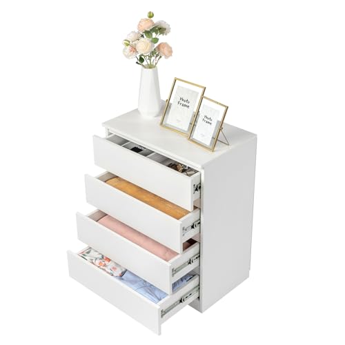 LEADZM Kommode Schlafzimmer Kommode mit 4 Geräumige Schubladen, für minimalistische Innenräume, Wohnzimmer, Schlafzimmer, Flur, Schrank, Sideboard, Highboard, viel Stauraum,Weiß (Weiß, 4 Schubladen)