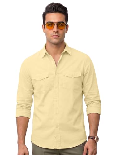 Image of Veirdo Men's Pure Cotton Utility Shirt | Full Sleeve Casual Button-Down with Dual Chest Pockets | Stylish & Comfortable Everyday Wear | Colors: Beige, Black, Maroon, Olive, Rust & White