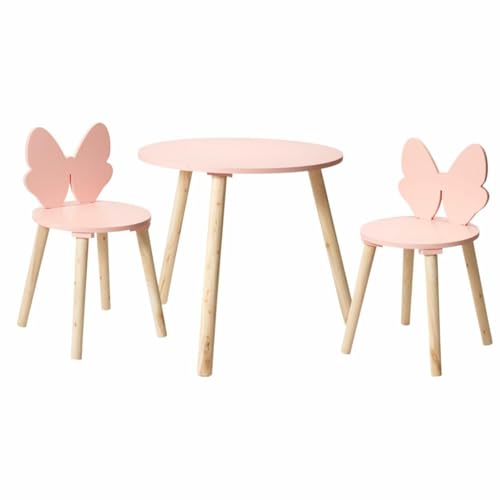 HowHomely Ensemble de meubles pour enfant - Avec table et 2 chaises - Motif papillon rose - En bois MDF stable - Pour chambre d'enfant