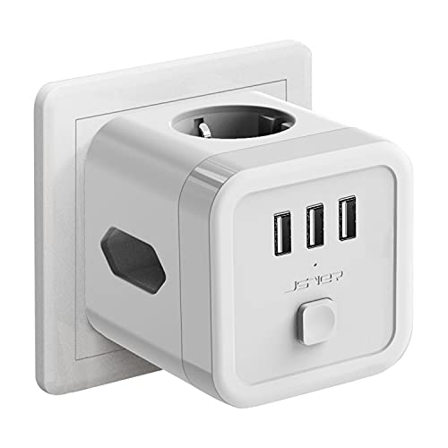 JSVER 6 w 1 Listwa Zasilająca USB z Przełącznikiem, Listwa Przedłużająca z Zabezpieczeniem Przeciwprzepięciowym (1 gniazdo Schuko, 2 gniazda europejskie) z 3 ładowarkami USB do Domu i Biura,Biały