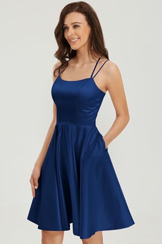 Short Homecoming Dress Satin with Pockets Spaghetti Strap Mini Built-in Bra Cocktail Dresses2