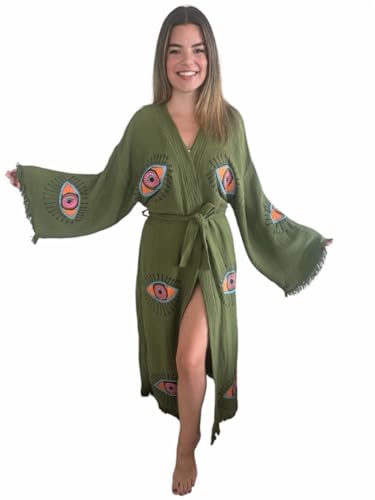 Handmade Evil Eye Kimono - Green Festival Women Clothing - Bohemian Robe - Boho Cotton Cardigan - Dressing Gown